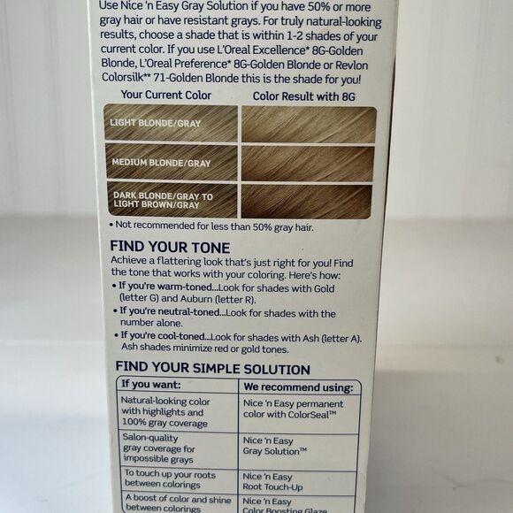 Clairol Gray Solution Nice'n Easy, 100% Coverage, #  8G Med. Golden Blonde (1)‎ - Picture 8 of 11